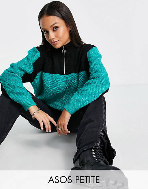 Women Petite jumper with zip collar in mixed stitch in green 
