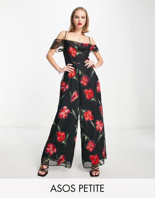 ASOS DESIGN Petite Jumpsuit med vandfaldsudskæring og vide ben i