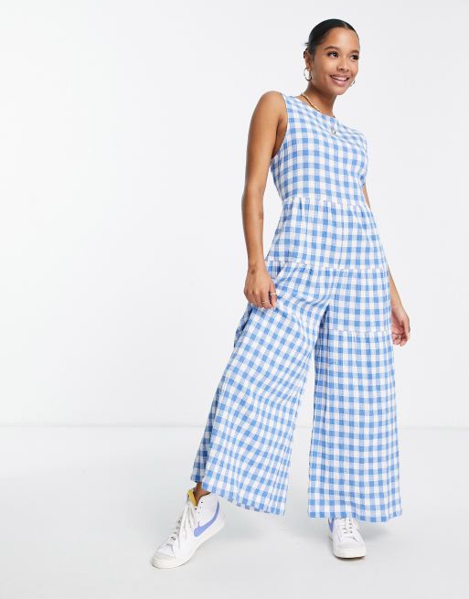 ASOS DESIGN Petite - Jumpsuit met aangerimpelde gestrikte achterkant en gingham ruit in blauw, 2 van 4