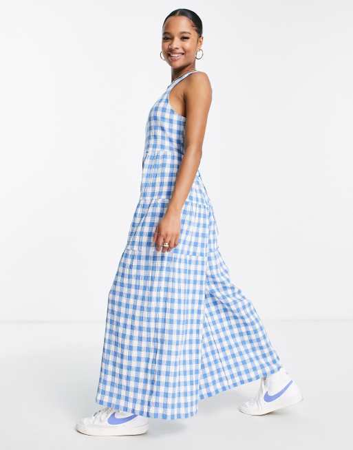 ASOS DESIGN Petite - Jumpsuit met aangerimpelde gestrikte achterkant en gingham ruit in blauw, 3 van 4