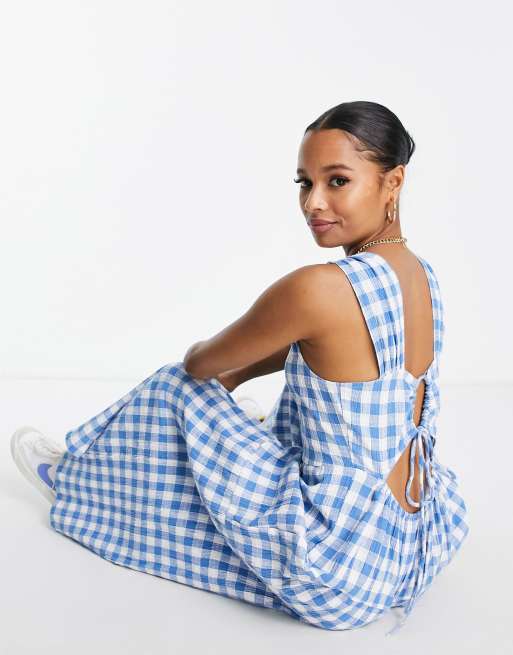 ASOS DESIGN Petite - Jumpsuit met aangerimpelde gestrikte achterkant en gingham ruit in blauw, 4 van 4