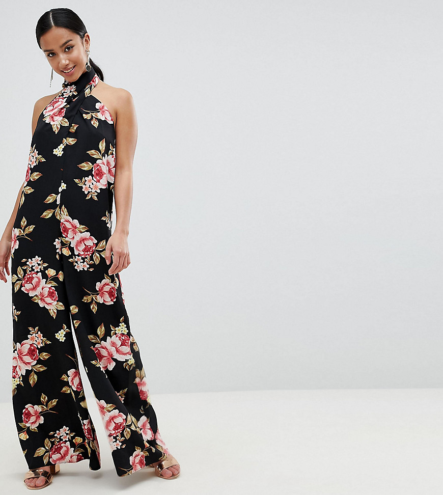 ASOS DESIGN Petite - Jumpsuit met met gekruiste voorkant en wijde pijpen in bloemenprint-Multi