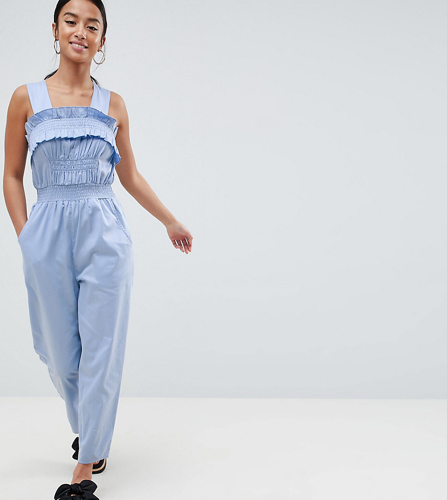 ASOS Design Petite - Jumpsuit met rimpleting in de taille en stikselaccent-Blauw