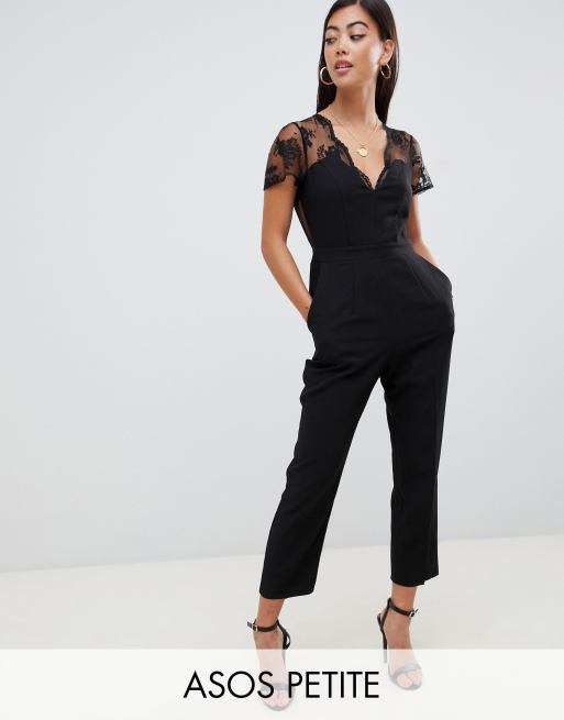 ASOS Asos Design Petite Jumpsuit With Lace Detail & Tapered Leg in Black