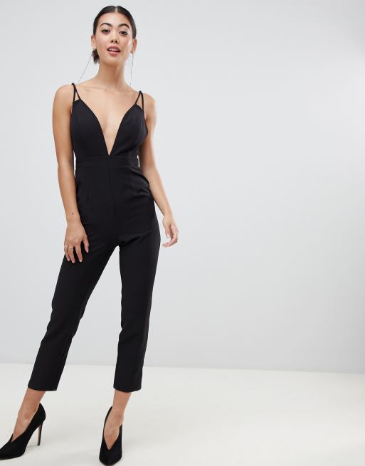 Committed - Plunge Neck Cut Out Back Jumpsuit in Grey