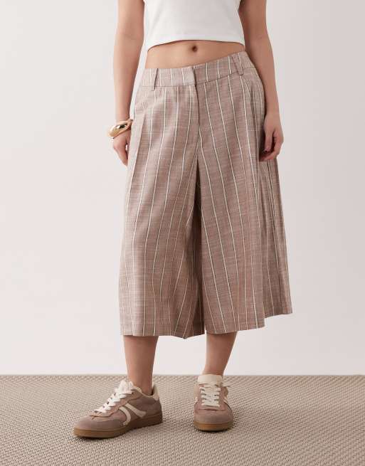 ASOS DESIGN Petite - Jupe-culotte habillée en lin mélangé à rayures - Vison , 2 de 5