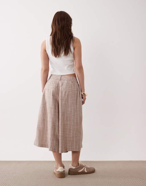 ASOS DESIGN Petite - Jupe-culotte habillée en lin mélangé à rayures - Vison , 4 de 5