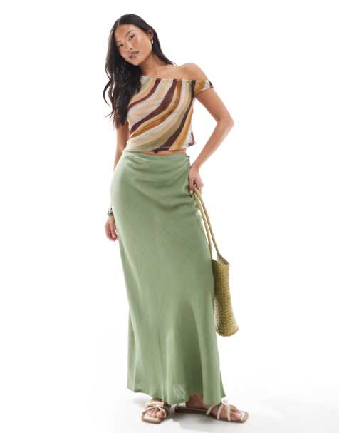 ASOS DESIGN Petite - Jupe longue coupée en biais en lin mélangé - Kaki - view 1