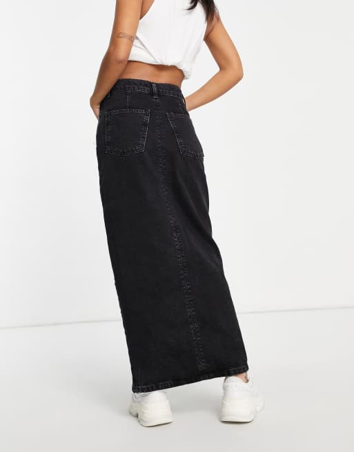 ASOS DESIGN Petite Jupe longue en denim de coton m lang style ann es 90 Noir d lav BLACK