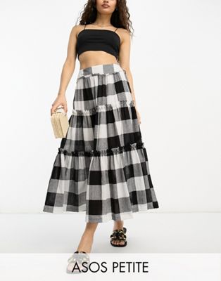 ASOS DESIGN Petite tiered midi skirt in mono gingham  - ASOS Price Checker