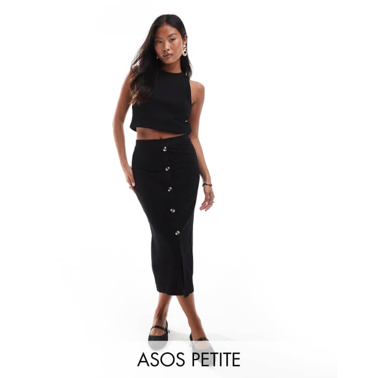 ASOS DESIGN Petite Jupe mi longue cotelee avec boutons effet corne Noir ASOS