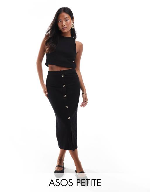 ASOS DESIGN Petite Jupe mi longue cotelee avec boutons effet corne Noir ASOS