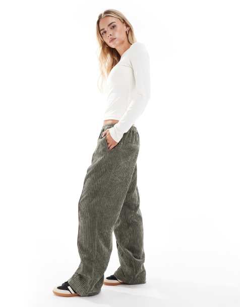 ASOS DESIGN Petite – Kakifärgade byxor i manchester och dra på-modell - view 1