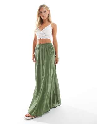 ASOS DESIGN Petite - Kakigrøn maxinederdel med kiler i bomuld - view 1