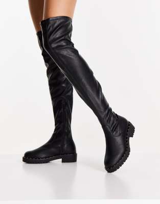 ASOS DESIGN Petite Kally flat over the knee boots in black