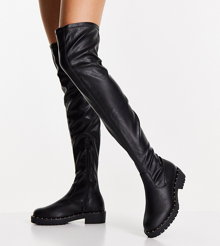 Asos Design Petite Kally Flat Over The Knee Boots In Black