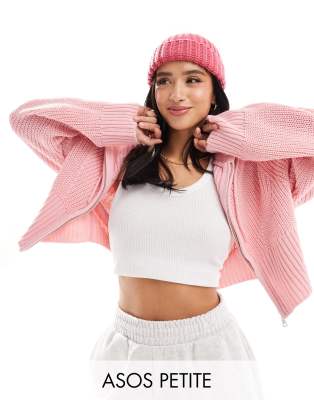 ASOS DESIGN Petite - Kapuzenpullover aus Strick mit durchgehendem Reißverschluss in Rosa