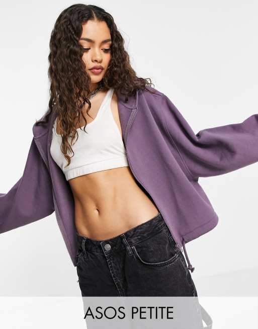 ASOS DESIGN Petite – Kastenförmiger Kapuzenpullover mit Reißverschluss in Lila