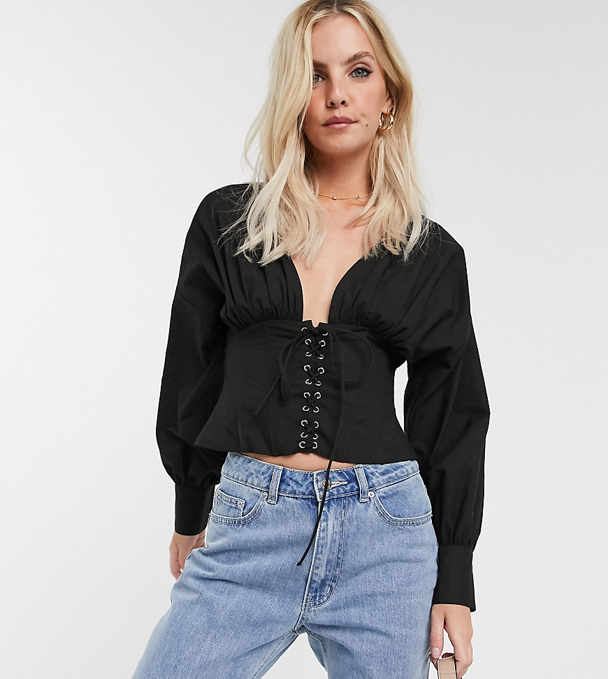 ASOS DESIGN - Petite - Katoenen blouse met korsetdetail-Zwart