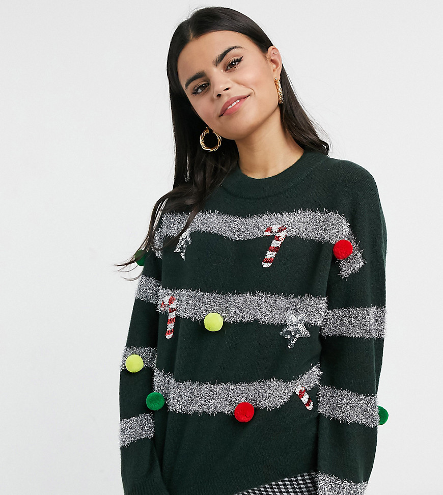 ASOS DESIGN Petite - Kersttrui met zilveren klatergoud en kerstballen in groen-Zwart