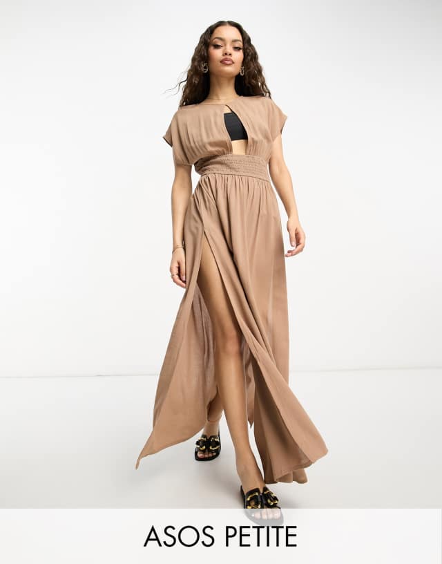 ASOS DESIGN Petite keyhole crinkle maxi beach dress in mocha