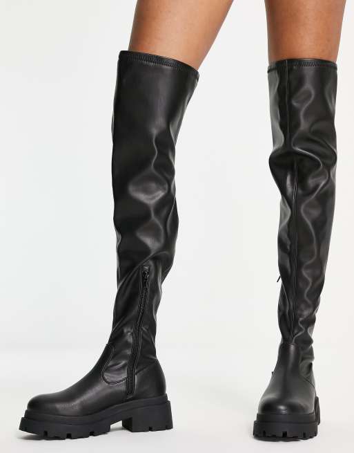 ASOS DESIGN Petite Kieran chunky flat over the knee boots in black | ASOS