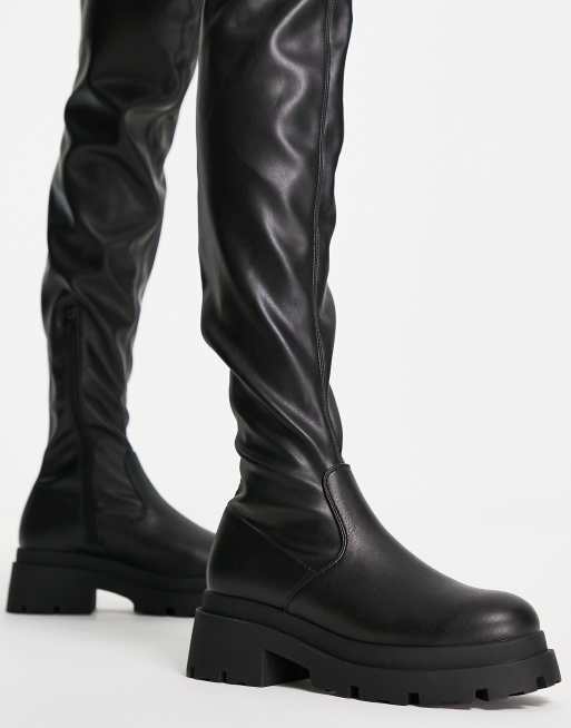 ASOS DESIGN Petite Kieran chunky flat over the knee boots in black