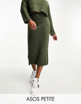 Asos Petite Asos Design Petite Knit Chunky Rib Midi Skirt In Khaki - Part Of A Set-green