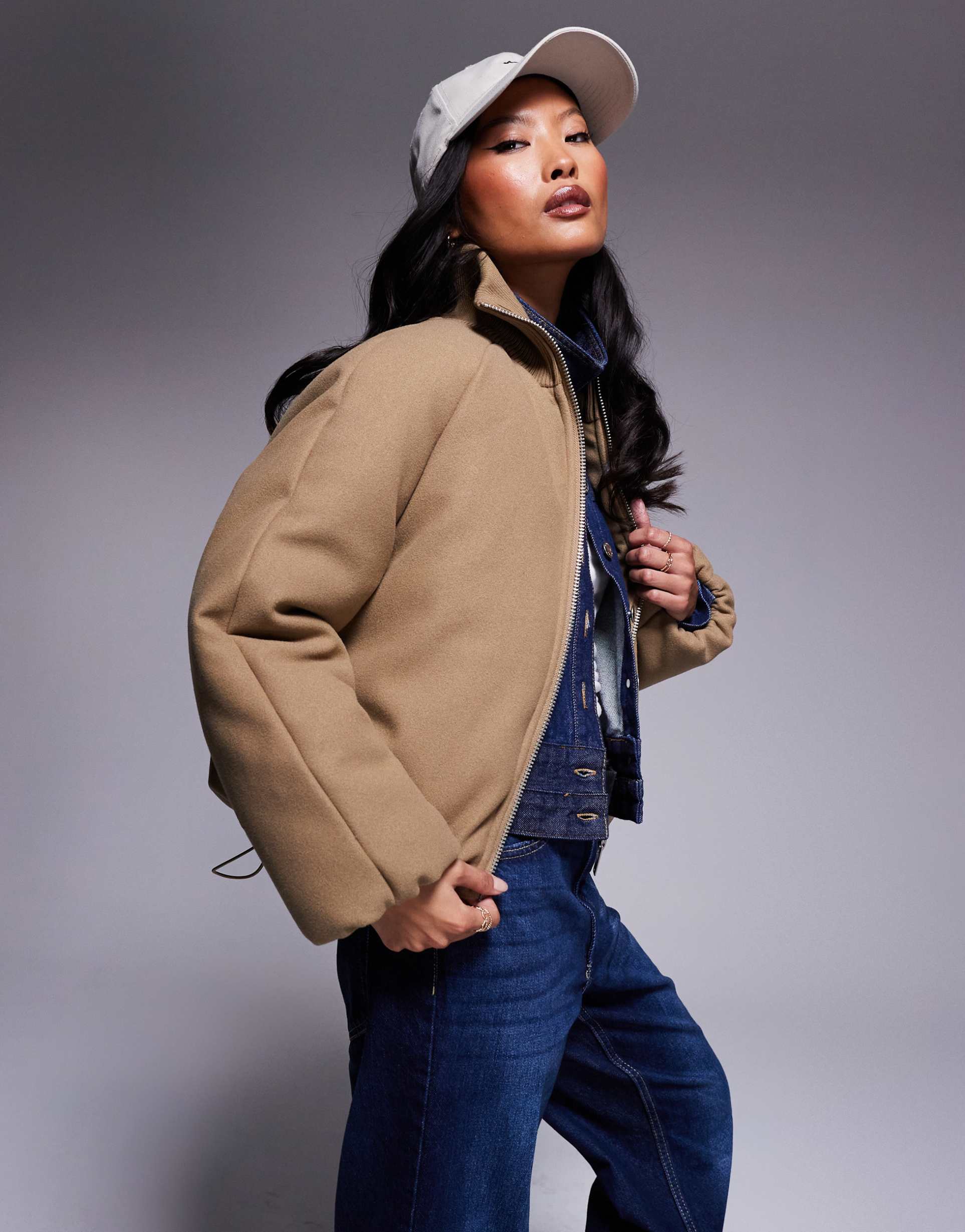 asos design petite knit collar clean puffer jacket in mushroom