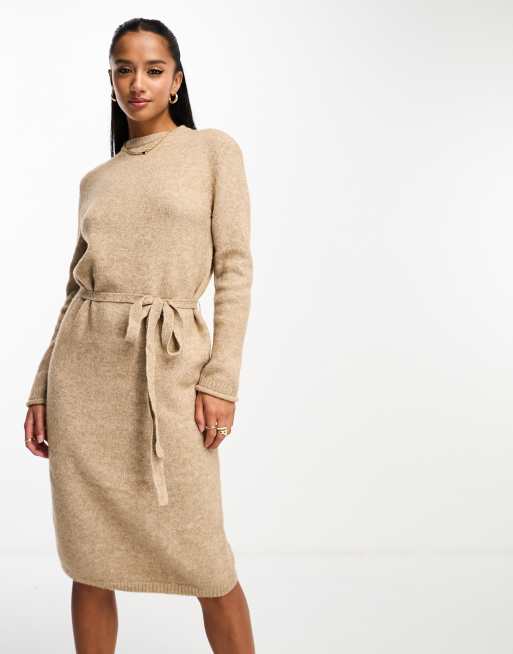 Vila sculpt knit midi dress in beige