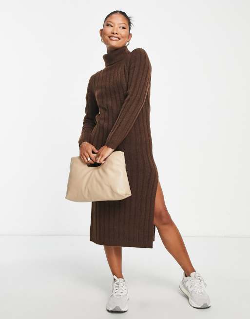 ASOS DESIGN Petite knit midi dress with turtle neck in brown