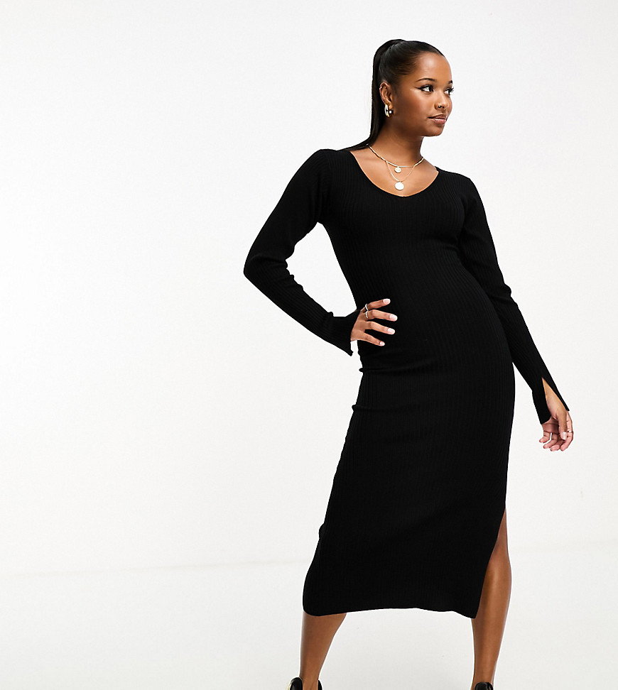 Asos Petite Asos Design Petite Knit Midi Dress With V-neck In Rib In Black