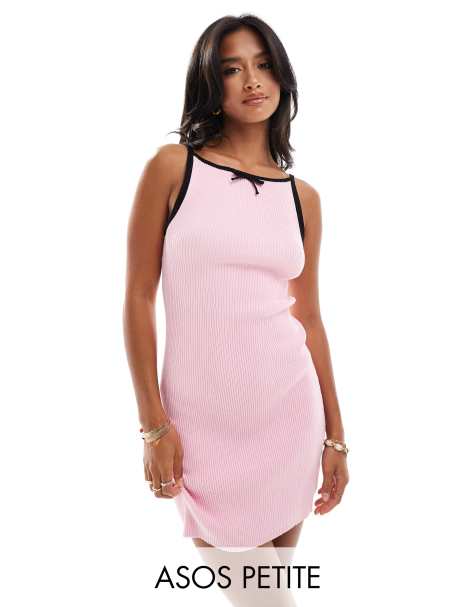 ASOS DESIGN Petite knit mini dress with piping and bow detail in pink - view 1