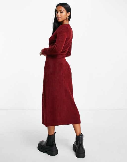 ASOS DESIGN Petite knit ribbed button up maxi dress in dark red