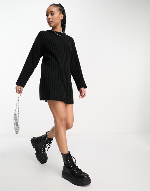 ASOS DESIGN Petite knit ribbed mini sweater dress in black