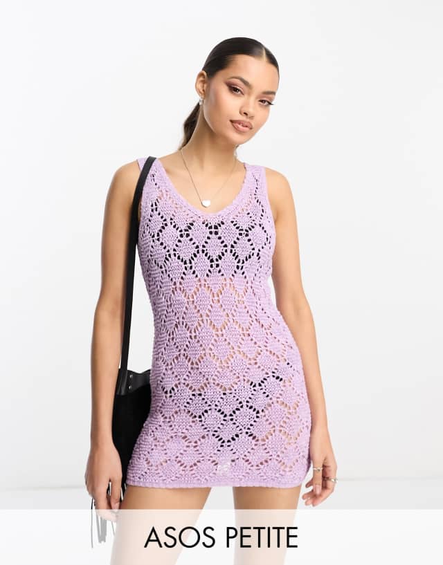 ASOS DESIGN Petite knit sleeveless mini dress in open stitch in lilac