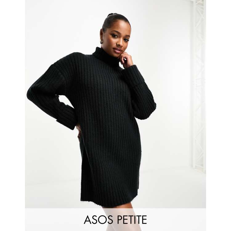 ASOS DESIGN Petite knit sweater mini dress with high neck in black