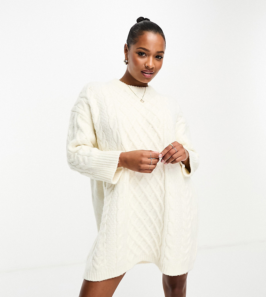 ASOS DESIGN Petite knitted cable mini jumper dress in cream-White