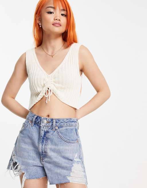 ASOS DESIGN Petite knitted cami with ruched front detail in oatmeal, 4 of 4