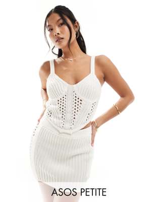 ASOS DESIGN Petite knitted crochet corset top co-ord in white