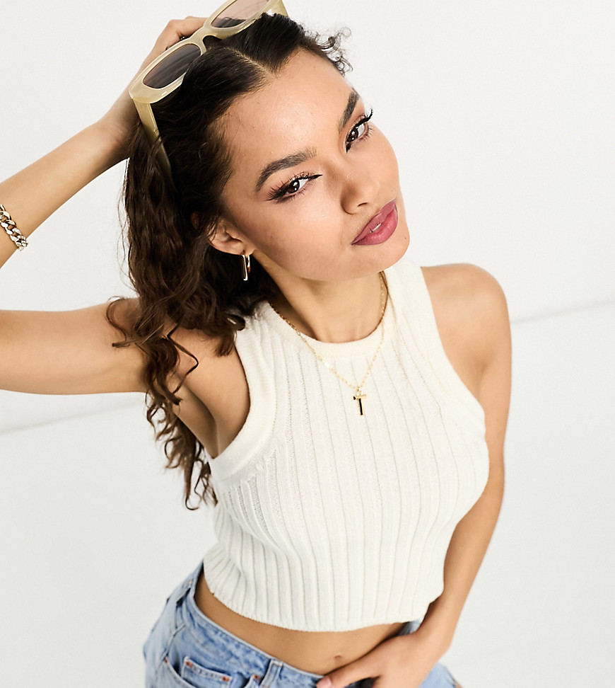 ASOS Petite ASOS DESIGN Petite knitted crop racer tank top in chunky stitch in cream-White