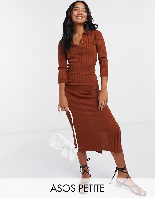 ASOS DESIGN Petite knitted dress with collar detail in brown