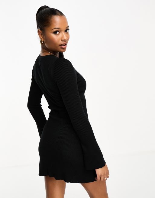 Black Long Sleeve Rib Knitted Bodycon Mini Dress