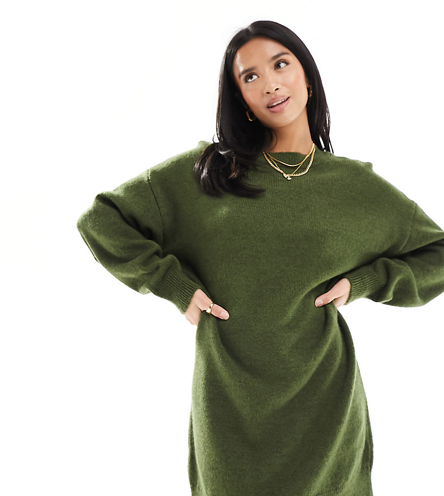 ASOS DESIGN Petite knitted jumper mini dress with crew neck in khaki-Green