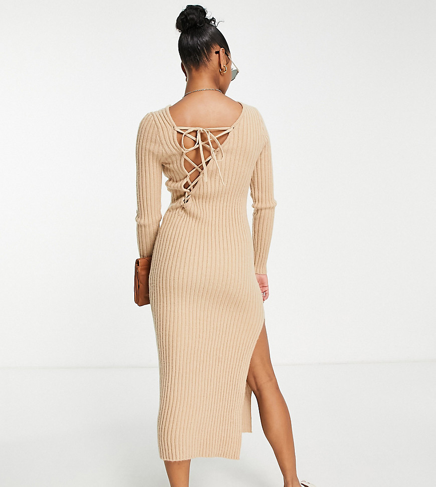 ASOS DESIGN Petite knitted maxi dress with asymmetric lace up back detail in neutral