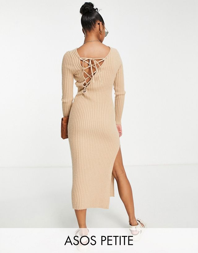 ASOS DESIGN Petite knitted maxi dress with asymmetric lace up back detail in neutral PB11950