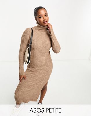 ASOS DESIGN Petite knitted maxi dress with high neck and side split in camel