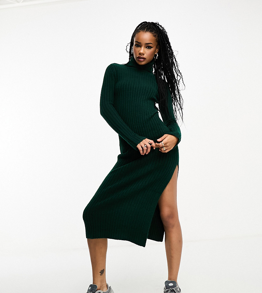 Asos Petite Asos Design Petite Knitted Maxi Dress With High Neck And Side Split In Dark Green