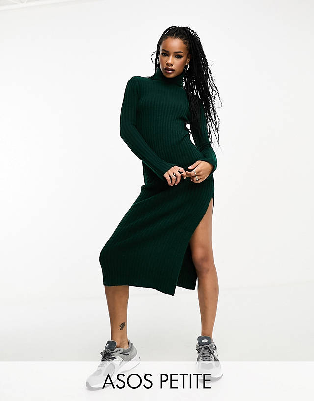 ASOS Petite - ASOS DESIGN Petite knitted maxi dress with high neck and side split in dark green