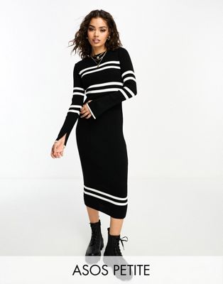 ASOS DESIGN Petite knitted maxi dress with sporty stripe in monochrome